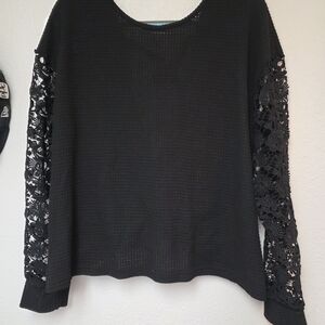 SHEIN Black Knit Top with Crochet Lace Sleeves
